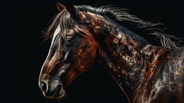 Um cavalo com um pincel no rosto