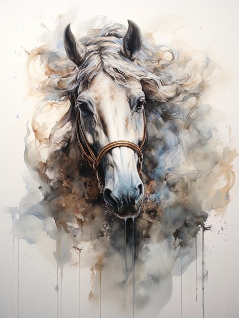 um cavalo com uma brida na cabeça é mostrado em uma pintura a aquarela