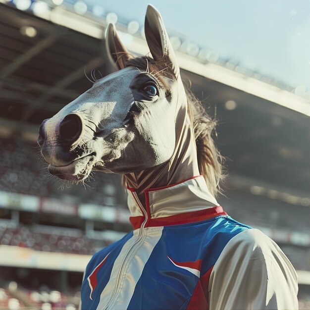 Foto um cavalo com uma camisa azul e vermelha e uma faixa branca e vermelha em seu rosto