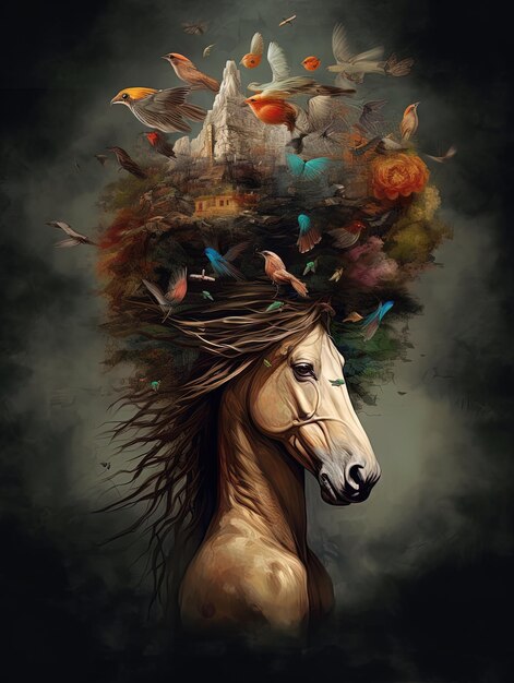 um cavalo com uma coroa de borboletas na cabeça