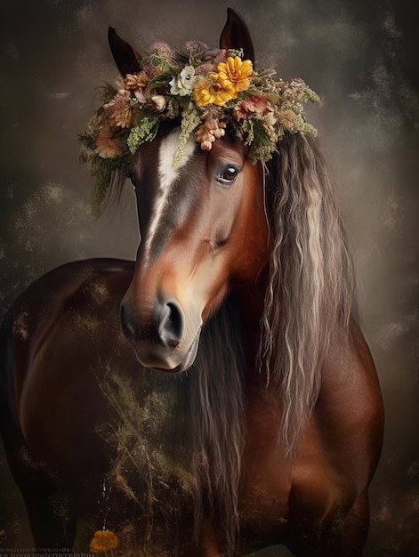 Foto um cavalo com uma coroa de flores na cabeça e a brida no topo.