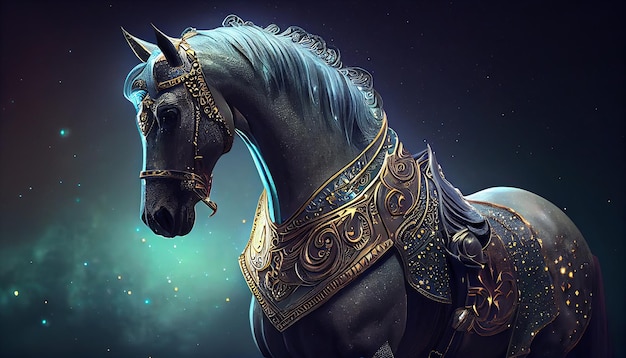 Um cavalo com uma coroa de ouro e decorações de ouro