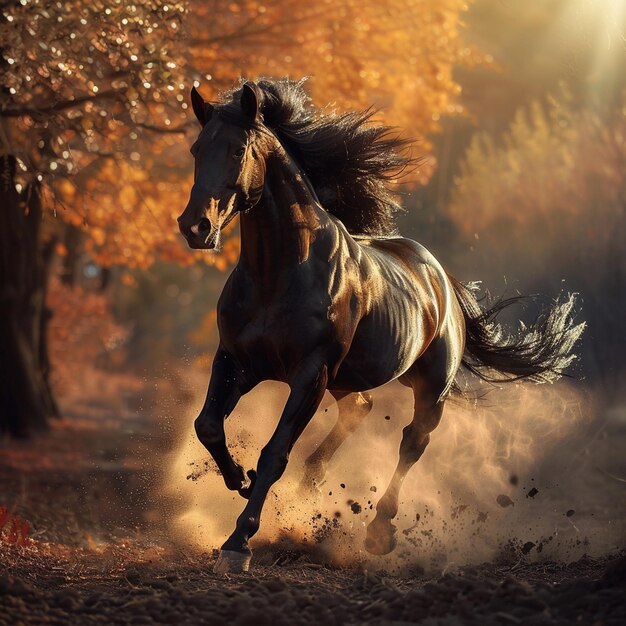 um cavalo com uma crina a correr no pó