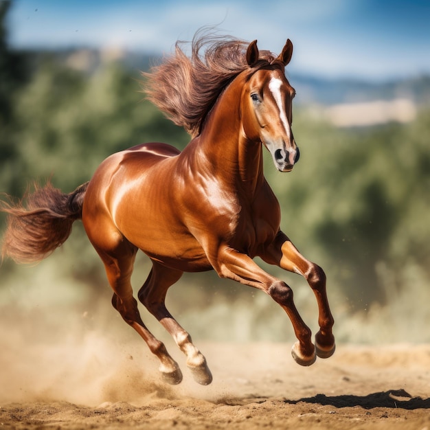 Um cavalo com uma crina castanha a correr na sujeira.