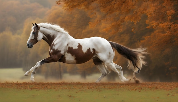 um cavalo com uma crina marrom e branca correndo em um campo