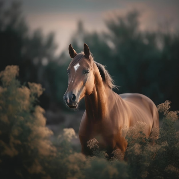 Um cavalo com uma estrela branca no rosto está andando por entre alguns arbustos.