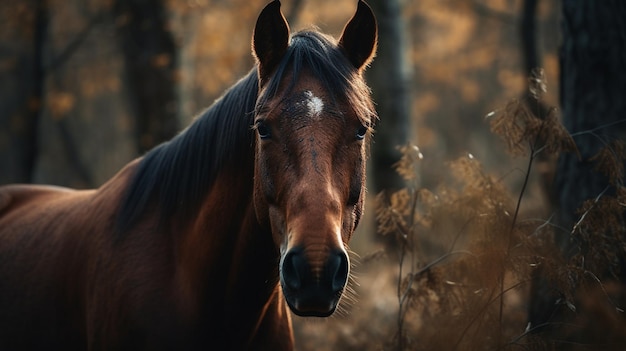 Um cavalo com uma estrela branca no rosto