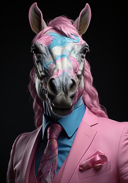 um cavalo com uma gravata cor-de-rosa e azul e uma camisa rosa com uma cor- de- rosa e azul