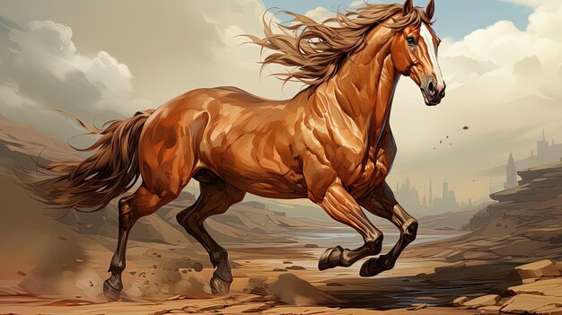 Um cavalo com uma longa crina a correr pelo deserto.