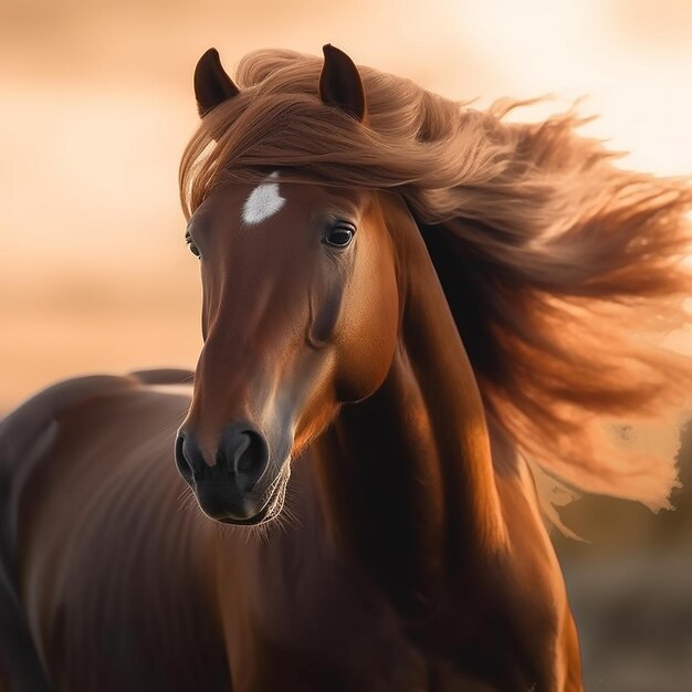 um cavalo com uma mancha branca na cabeça é mostrado em primeiro plano.