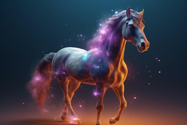 Um cavalo com uma nebulosa roxa na cabeça
