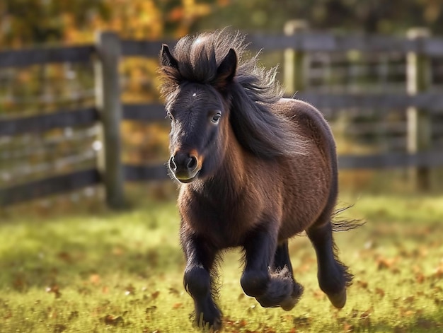 Um cavalo corre em um campo com folhagem de outono ao fundo