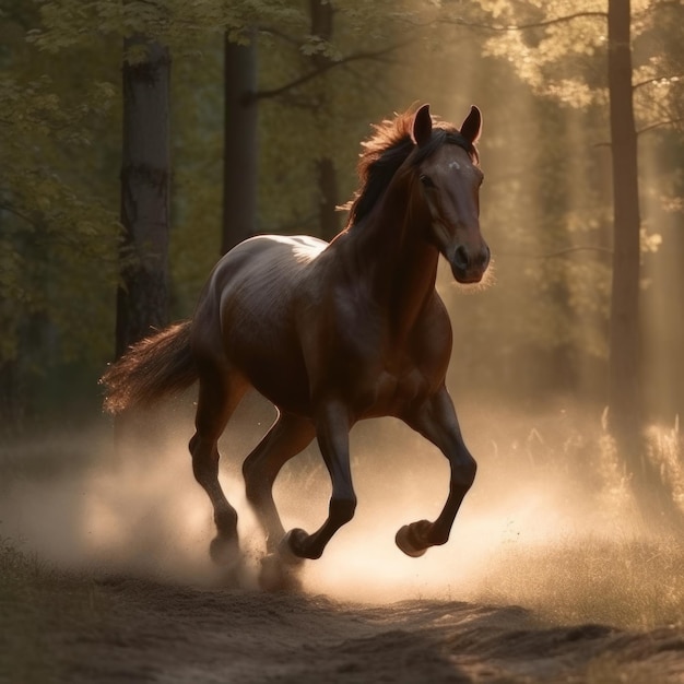 Um cavalo corre pela floresta com o sol brilhando em suas costas.