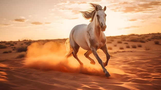 Um cavalo corre pelo deserto ao pôr do sol.