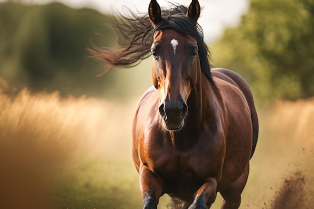 Um cavalo corre por um campo com a palavra cavalo na frente.