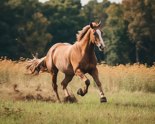 Um cavalo corre por um campo de flores silvestres.