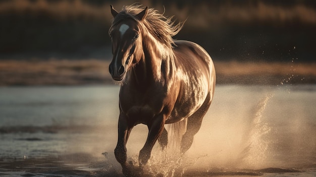 Um cavalo corre por um lago com o sol brilhando em seu rosto.
