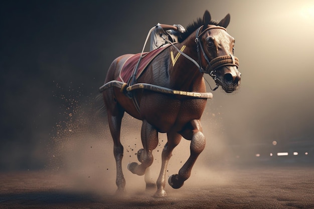 Um cavalo correndo em uma arena escura com uma luz atrás dele.