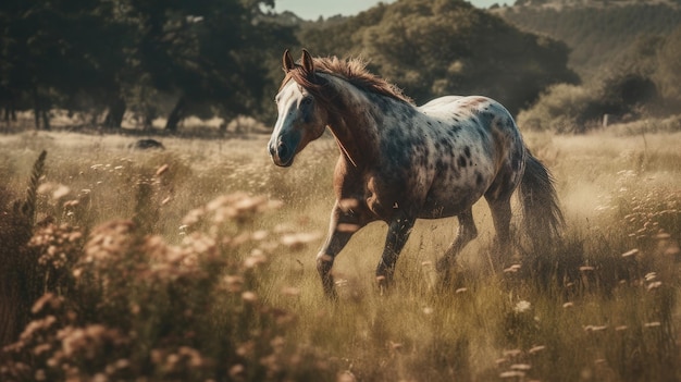 um cavalo correndo livre em um prado