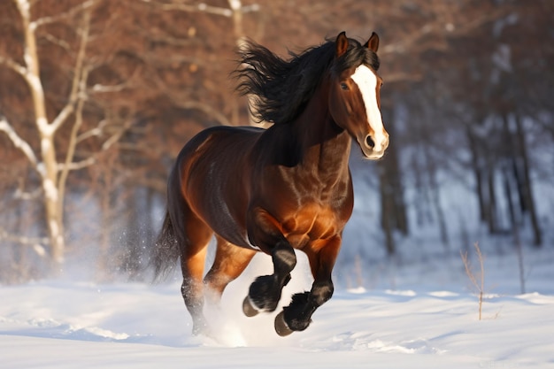 um cavalo correndo na neve em uma área arborizada