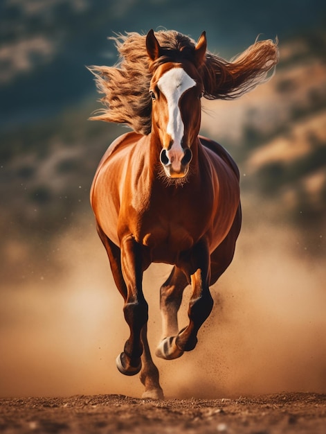 Um cavalo marrom está correndo com a palavra cavalo na frente