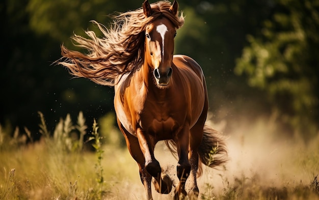 Um cavalo correndo por um campo de grama alta AI