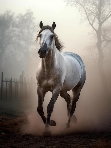 Um cavalo correndo sobre o pó de areia voando ao seu redor Foto em preto e branco