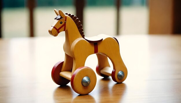 Um cavalo de brinquedo de madeira está em uma mesa com um cavalo de brincadeira nele