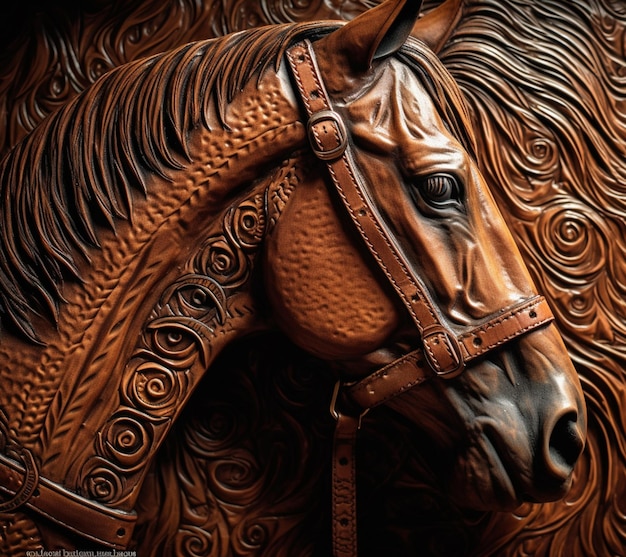 Um cavalo de madeira esculpida com um freio nele.