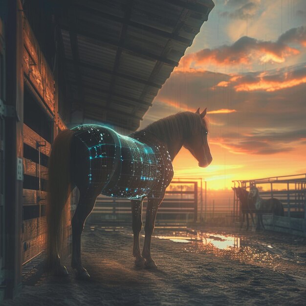 Foto um cavalo de pé em um estábulo com um pôr-do-sol no fundo generativo ai