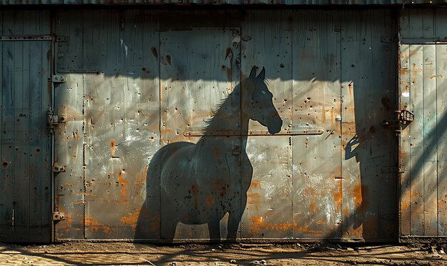 Foto um cavalo é pintado em uma parede com uma sombra de uma pessoa e uma sombra de um cavalo