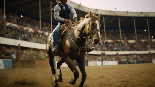 Um cavalo e um cavaleiro estão andando em uma arena de rodeio.