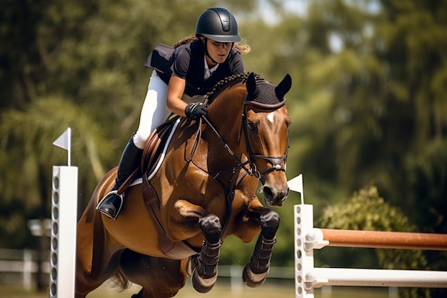 Um cavalo e um cavaleiro pulando uma cerca