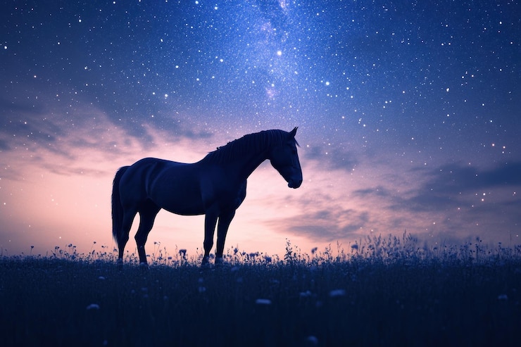 Foto um cavalo em silhueta em um campo sob um céu noturno estrelado