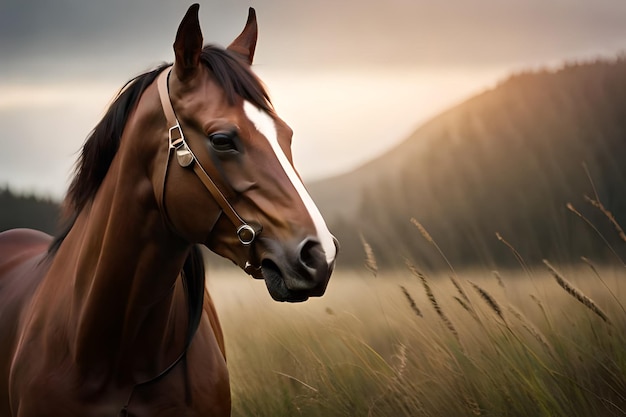 Um cavalo em um campo com montanhas ao fundo