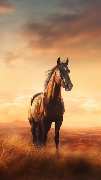 Um cavalo em um campo com o céu ao fundo