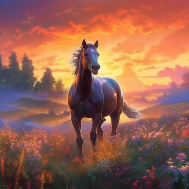 Um cavalo em um campo de flores com o sol se pondo atrás dele