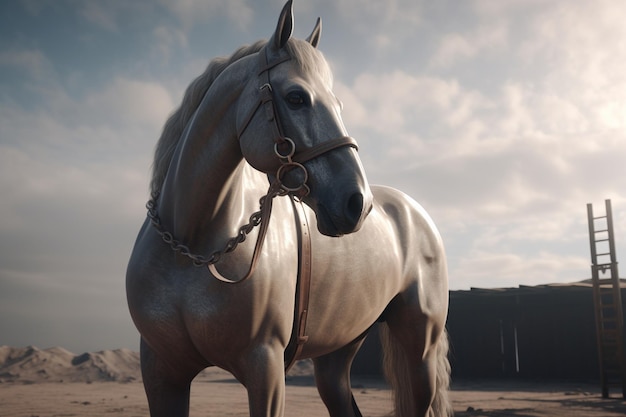 Um cavalo em um deserto com um céu nublado ao fundo