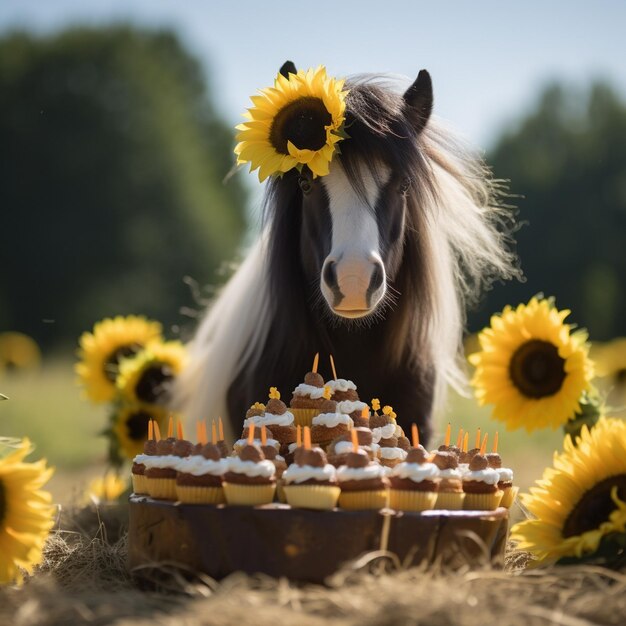 Um cavalo está comendo bolo com um cavalo nele.