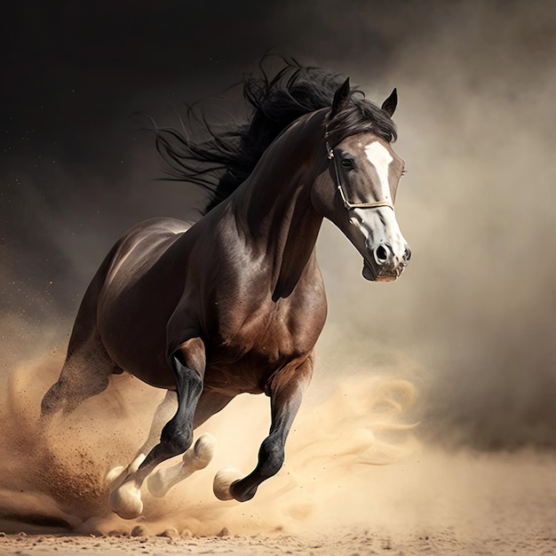 Um cavalo está correndo na areia com um rosto preto e branco.