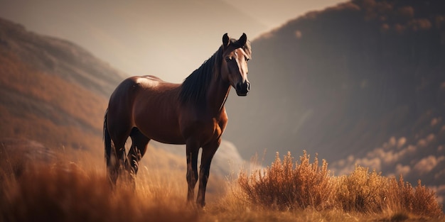 Um cavalo está em um campo com montanhas ao fundo.