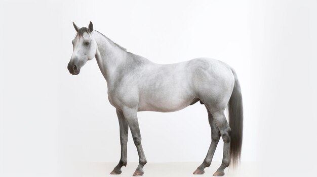 Um cavalo está parado na frente de um fundo branco.