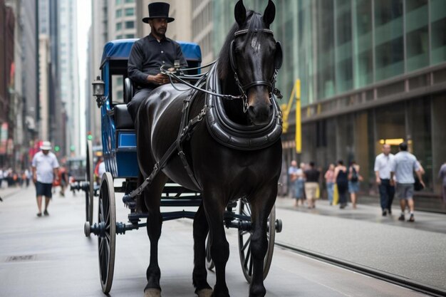 Foto um cavalo está puxando uma carruagem com um homem nele