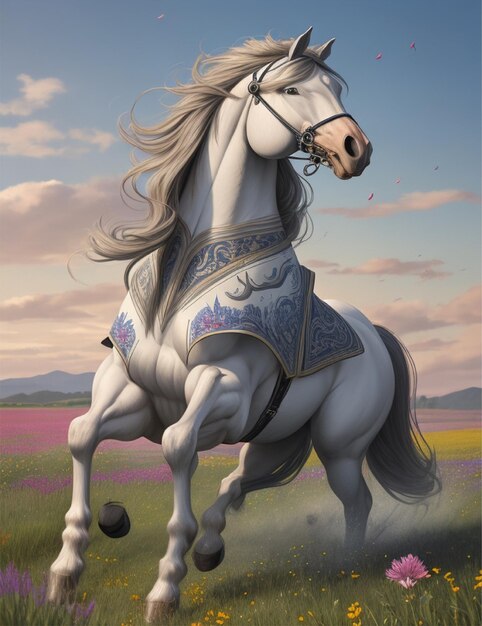 Um cavalo majestoso a galopar por um campo de flores silvestres a sua crina a fluir no vento