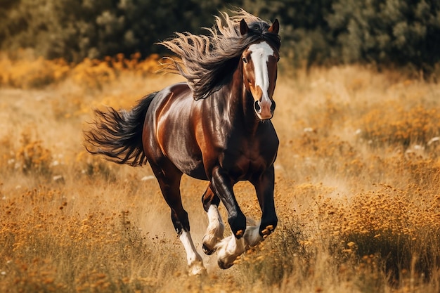 um cavalo majestoso galopando livremente em um campo gerado por IA