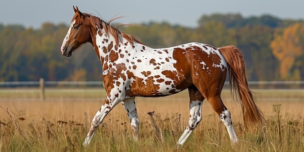 Um cavalo manchado de castanho e branco capturado no meio do galope seu casaco contrastando lindamente contra as cores de outono de uma linha de árvores distante