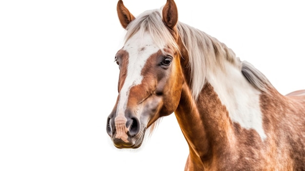 um cavalo marrom com crina branca e uma listra branca na cabeça