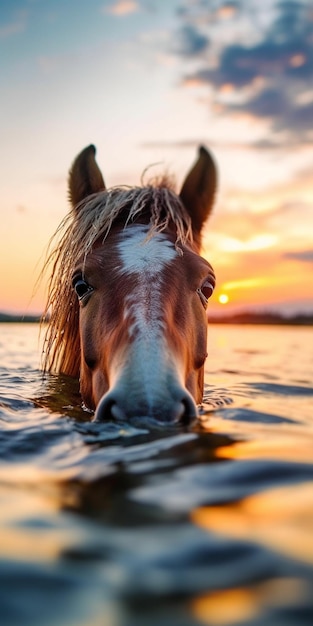 Um cavalo na água com o sol se pondo atrás dele