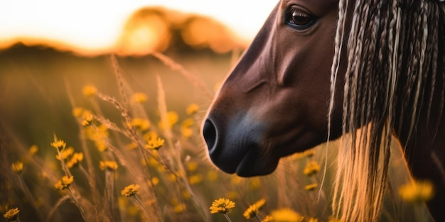 Foto um cavalo num campo de flores