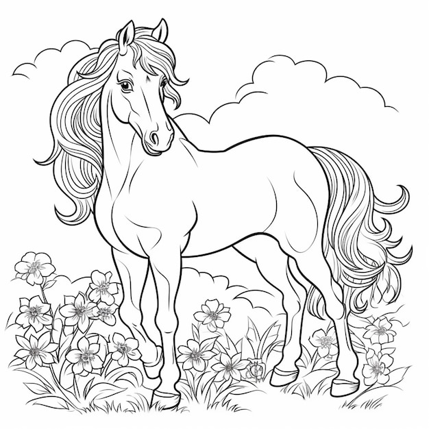 um cavalo parado em um campo de flores com um fundo de céu ai generativo